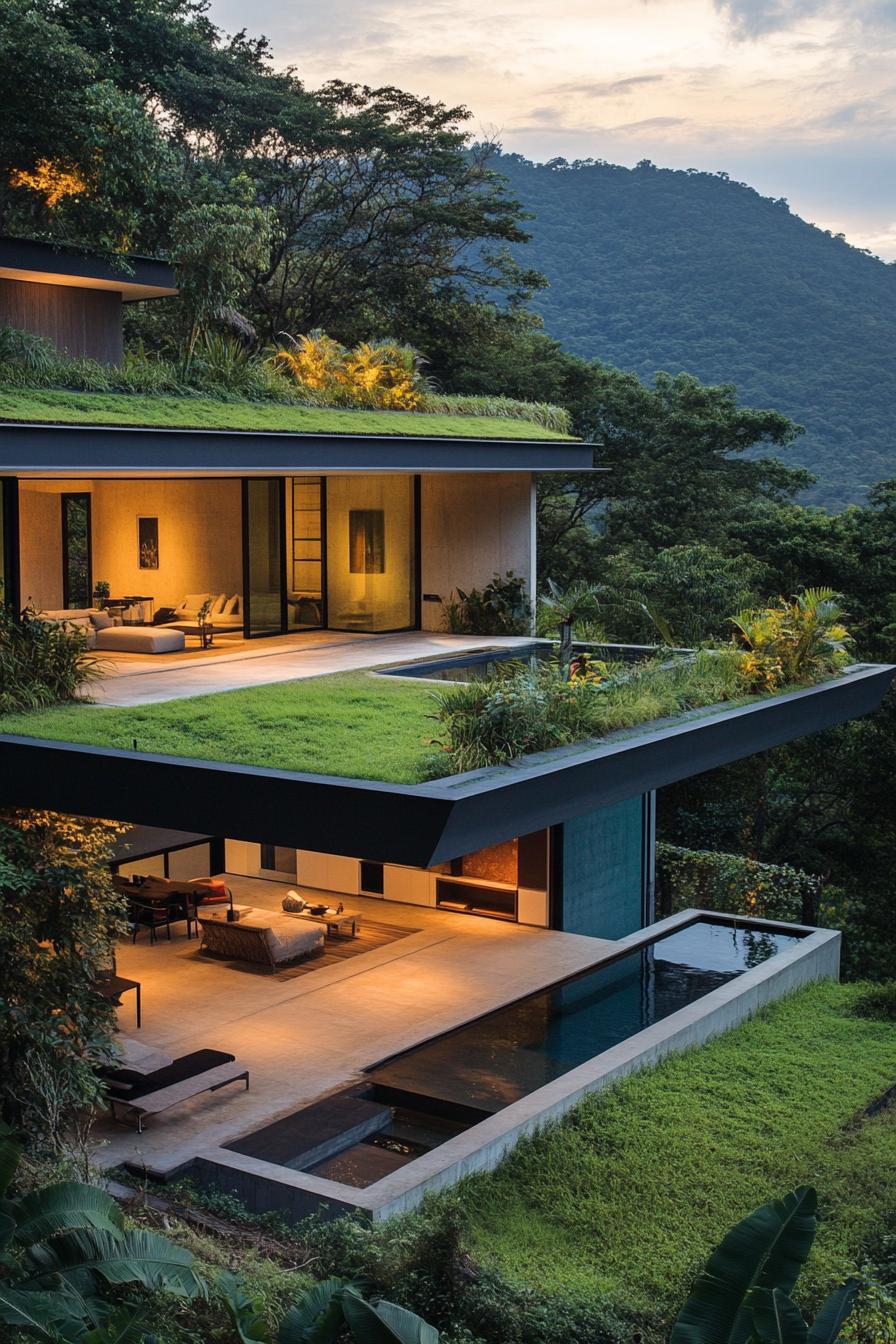 modern house on a slope with green roof and lush forest views 2