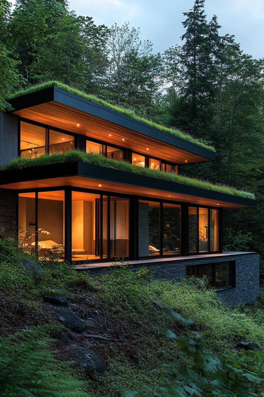 modern house on a slope with green roof and lush forest views 3