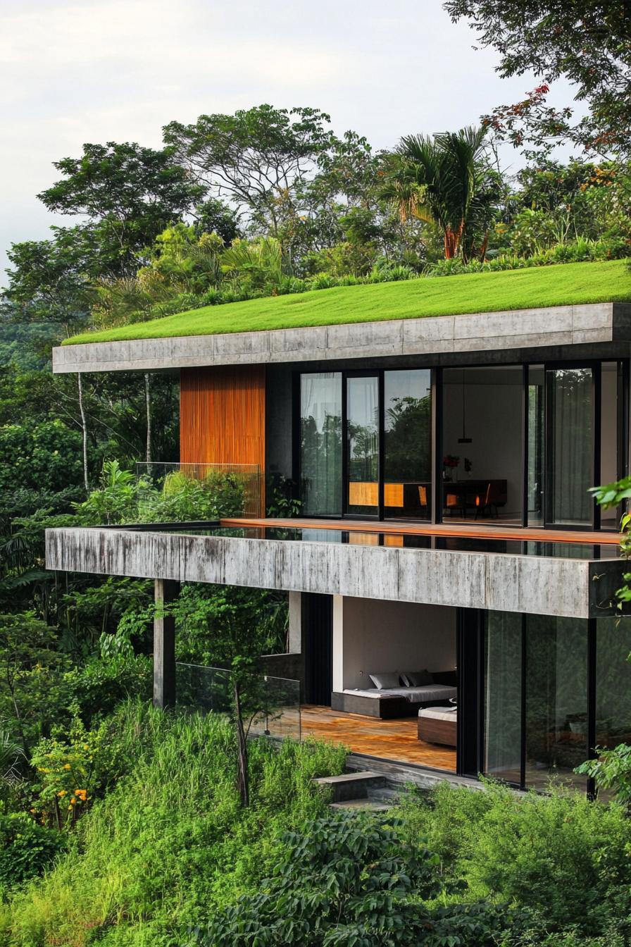 modern house on a slope with green roof and lush forest views