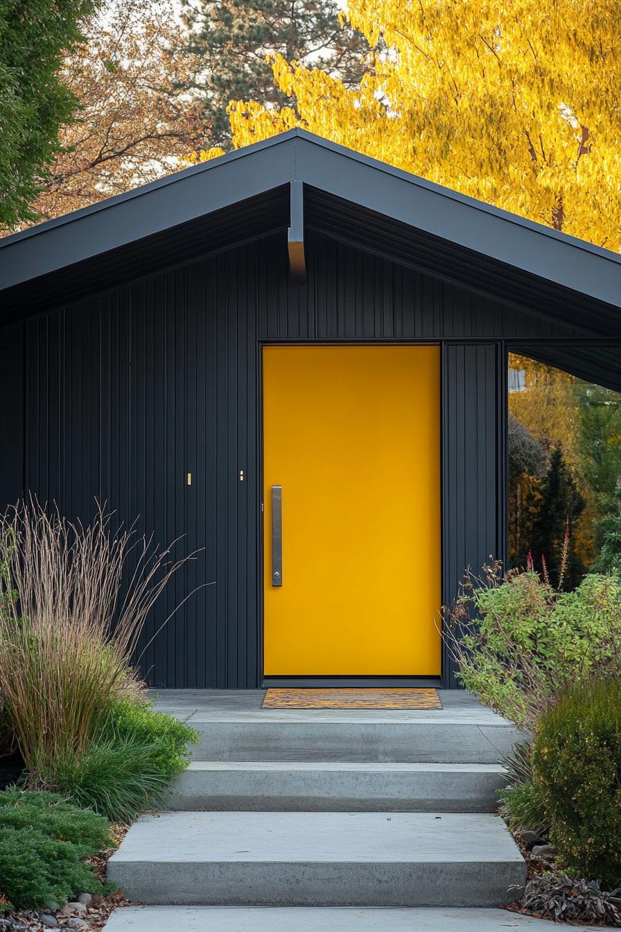 modern house with Goldenrod Yellow front Door With an Oversized Steel Handle 1