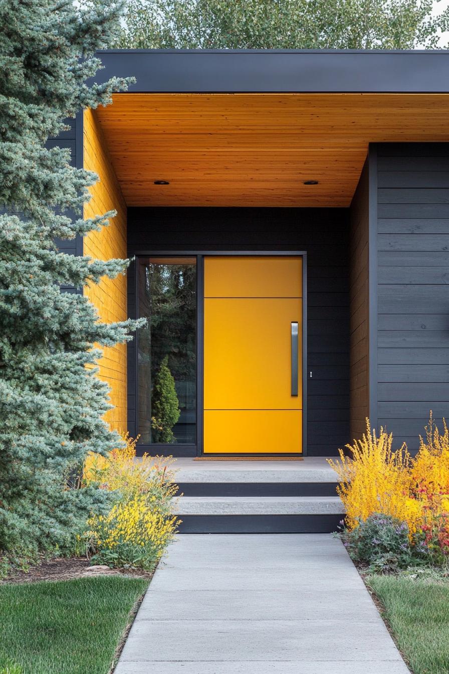 modern house with Goldenrod Yellow front Door With an Oversized Steel Handle 2