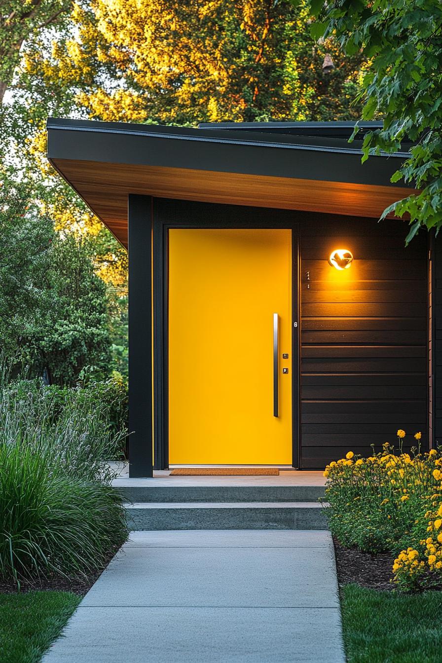 modern house with Goldenrod Yellow front Door With an Oversized Steel Handle 3