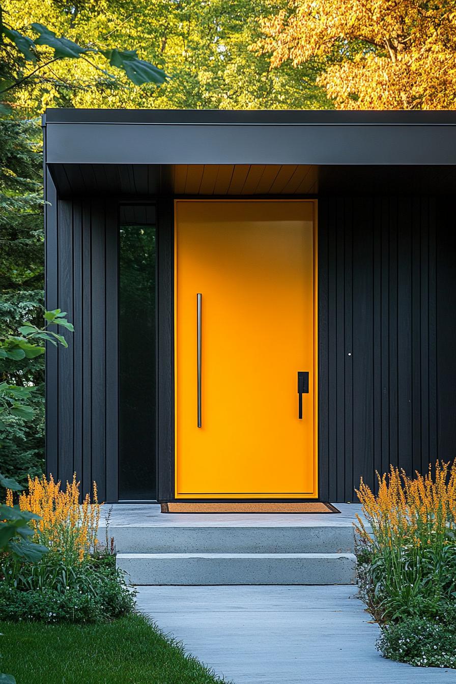 modern house with Goldenrod Yellow front Door With an Oversized Steel Handle