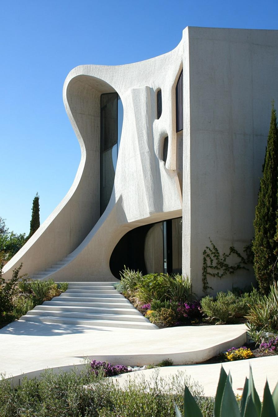 modern house with precast concrete facade with sculptural features lively mediterranean landscape