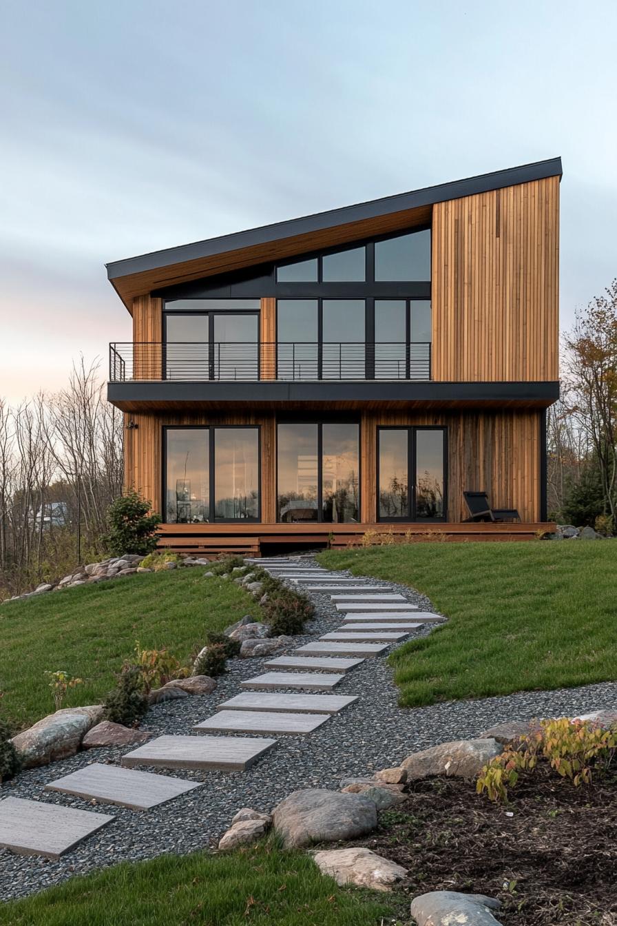 modern house with staggered layout cedar shiplap exterior hilly landscape 3