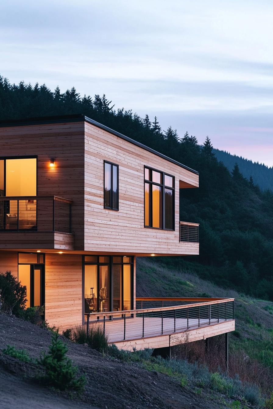 modern house with staggered layout cedar shiplap exterior hilly landscape