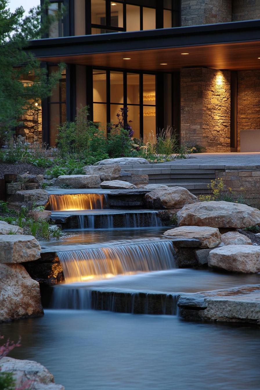 modern house yard water features with LED