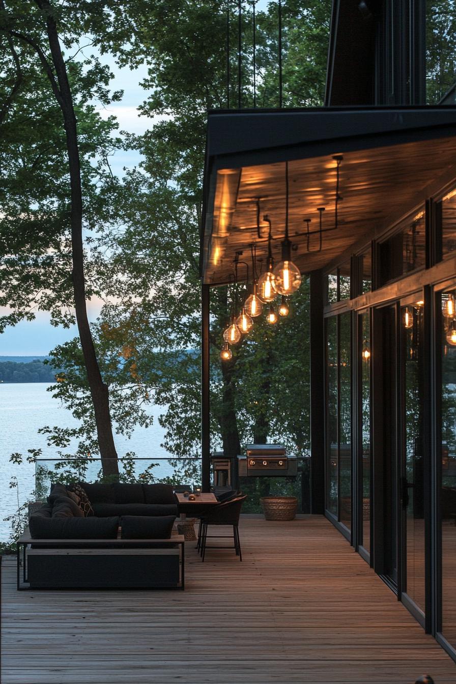 modern industrial house porch with edison lightbulb pendants visible beautiful lake view 1