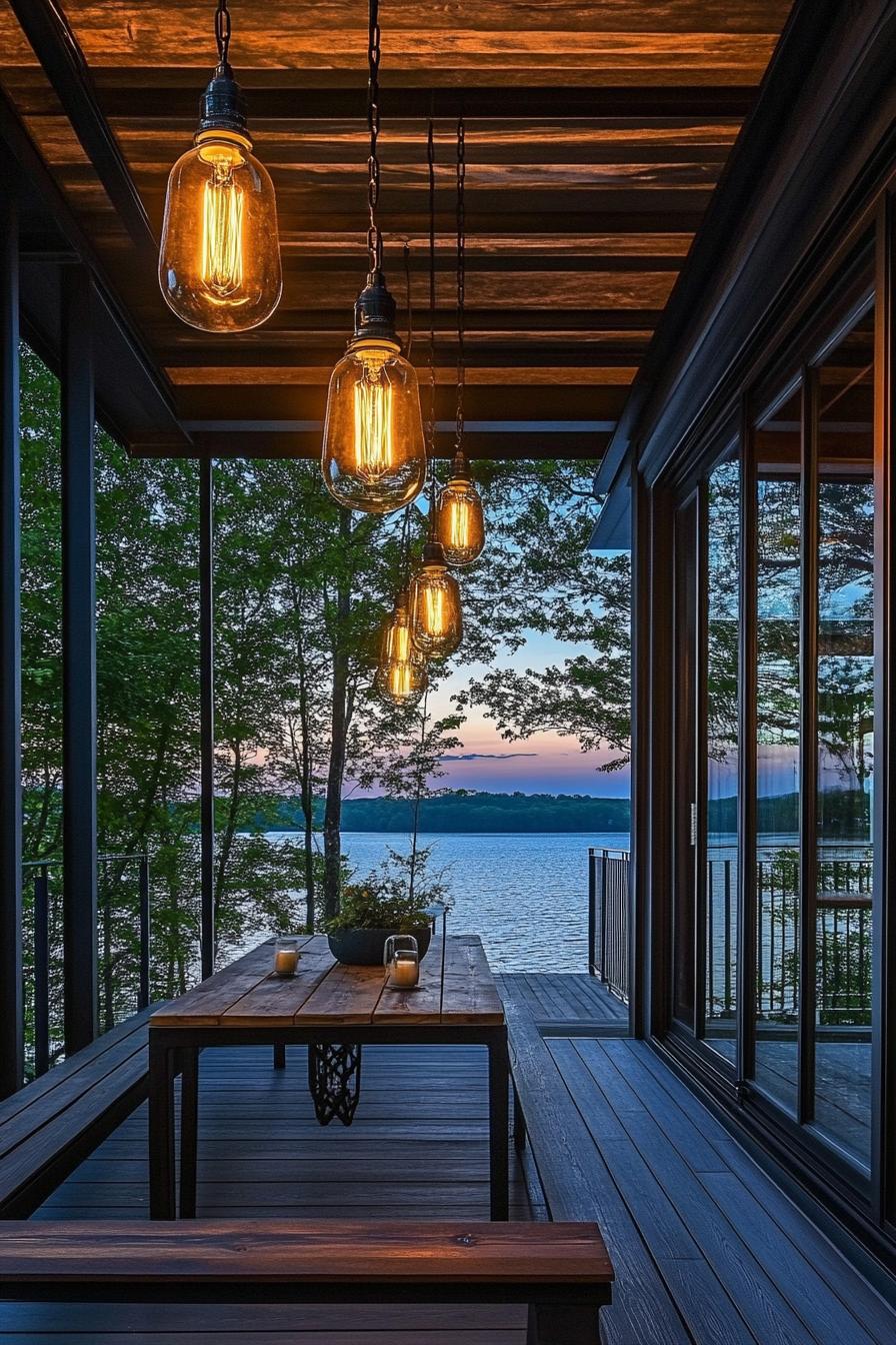 modern industrial house porch with edison lightbulb pendants visible beautiful lake view 2