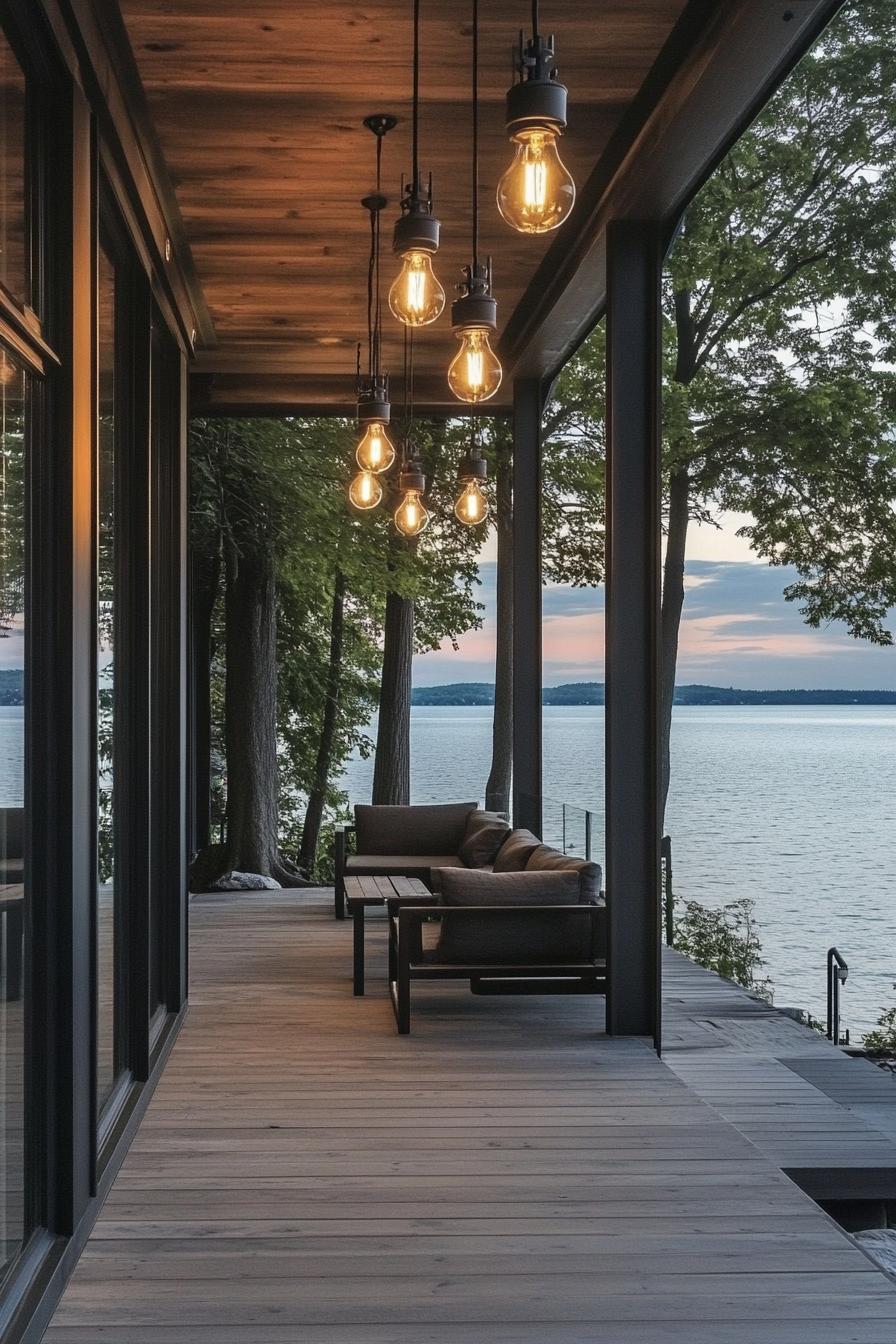 modern industrial house porch with edison lightbulb pendants visible beautiful lake view 3