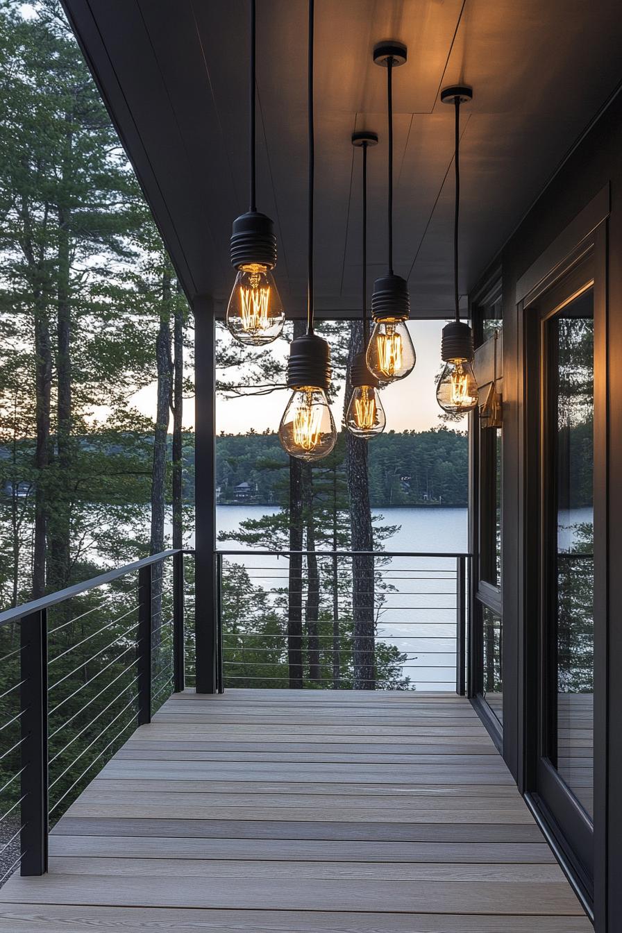 modern industrial house porch with edison lightbulb pendants visible beautiful lake view