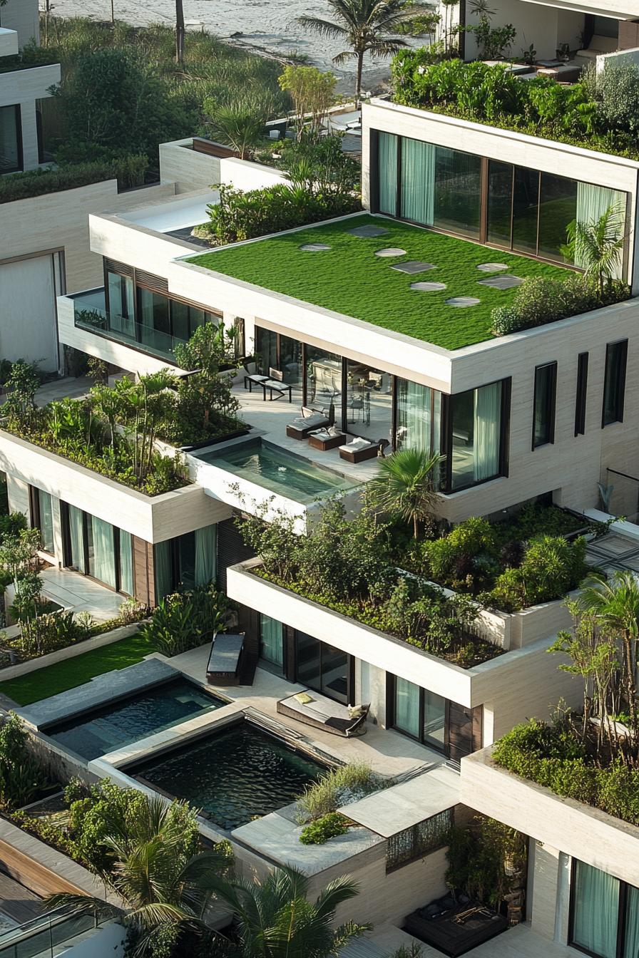 modern luxury giant mansion complex with exotic roof gardens view from near above 1