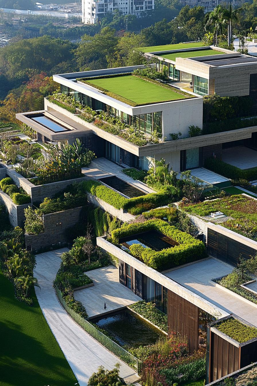 modern luxury giant mansion complex with exotic roof gardens view from near above 2