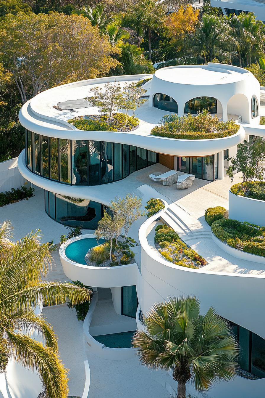 modern luxury giant mansion complex with exotic roof gardens view from near above 3