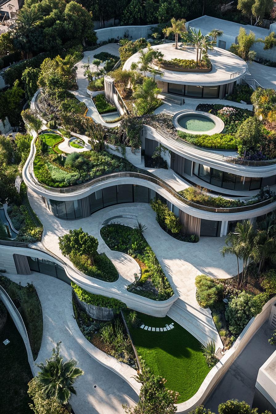 modern luxury giant mansion complex with exotic roof gardens view from near above