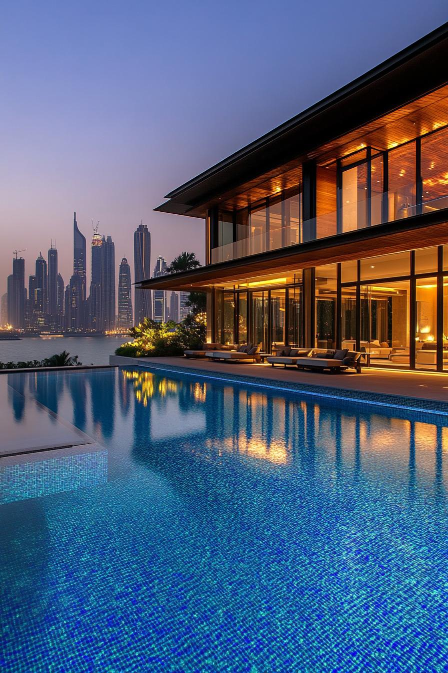 modern mansion geometric pool with stunning city skyline