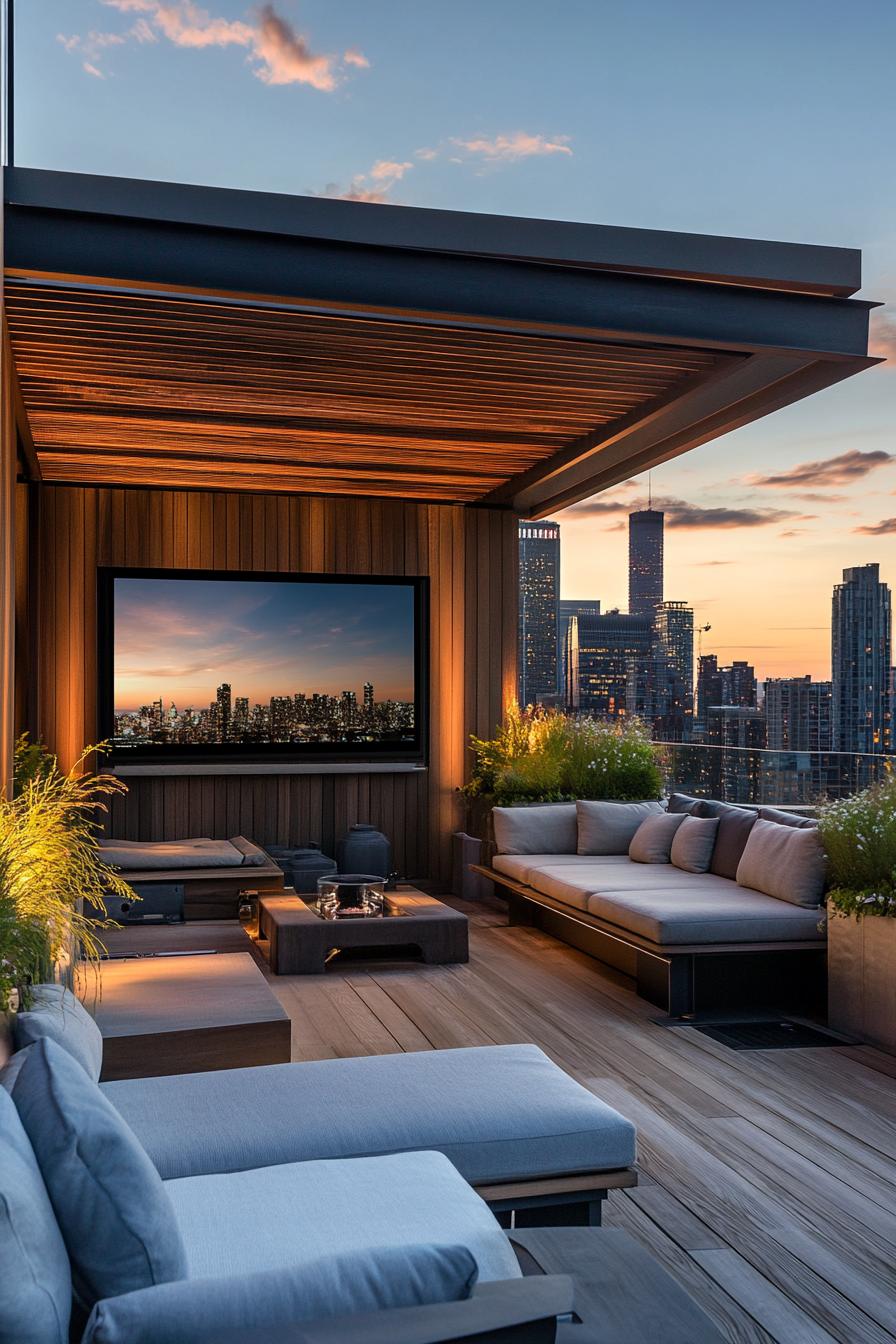 modern rooftop deck lounge with big TV 1