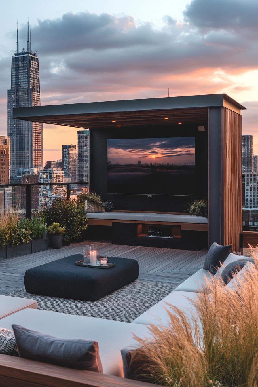 modern rooftop deck lounge with big TV 2