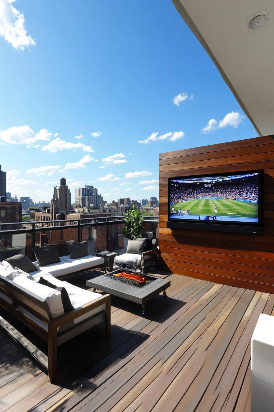 modern rooftop deck lounge with big TV 3