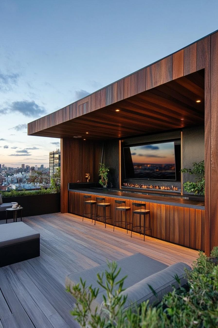 modern rooftop deck lounge with big TV