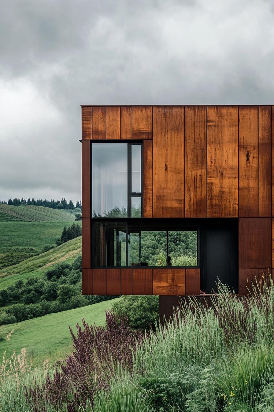 modern rural industrial steel house facade with wood cladding in green hilly valley 1