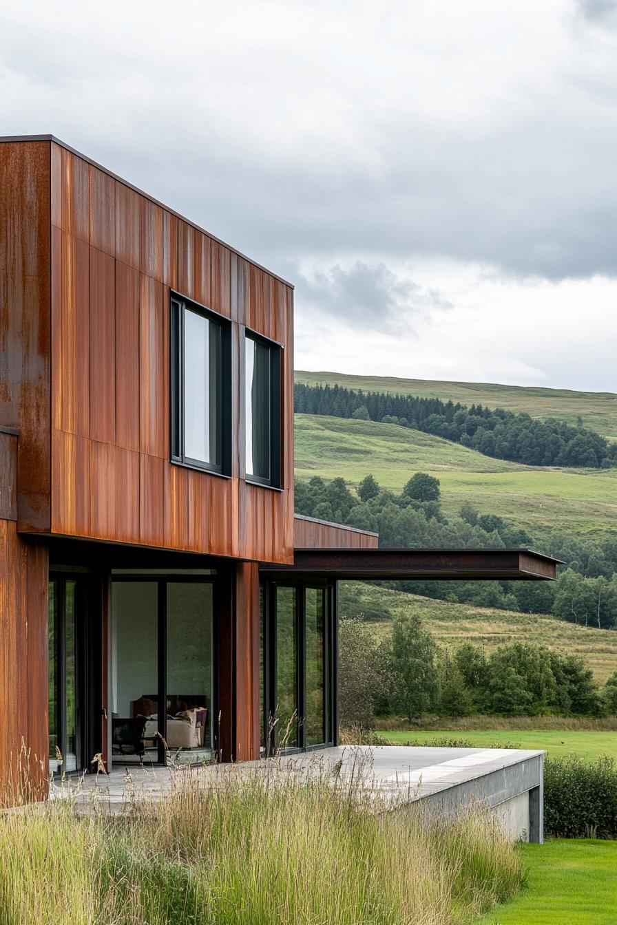 modern rural industrial steel house facade with wood cladding in green hilly valley 2