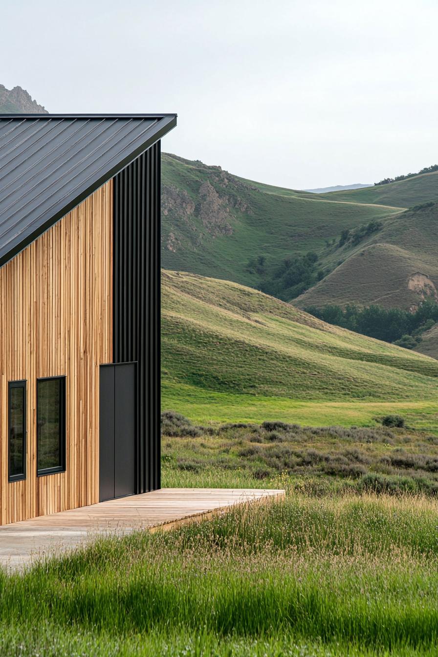 modern rural industrial steel house facade with wood cladding in green hilly valley 3