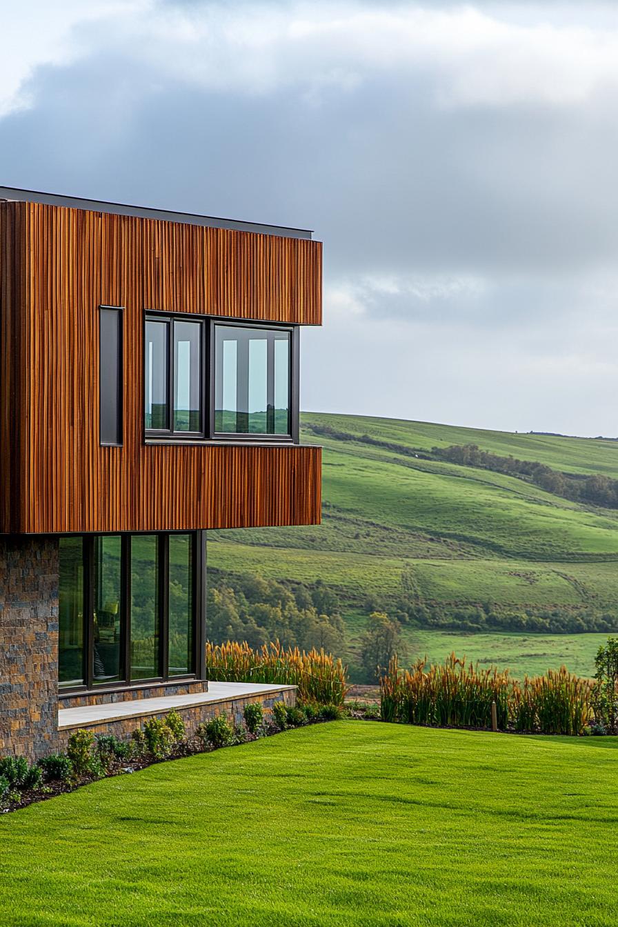 modern rural industrial steel house facade with wood cladding in green hilly valley