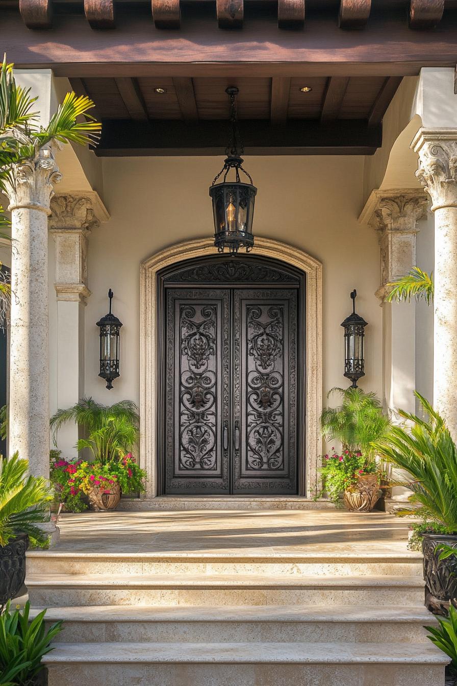 modern spanish villa front wood carved door