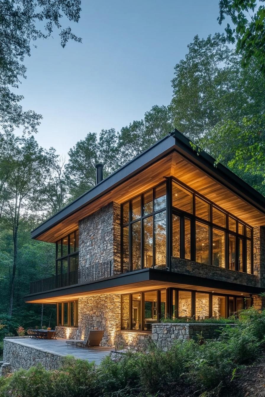 modern stone and timber house in the woods with lush forest views 1