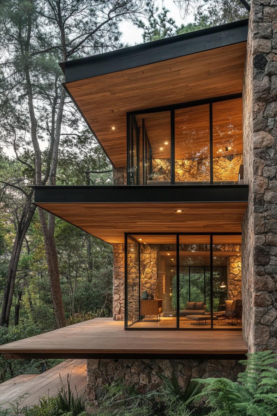 modern stone and timber house in the woods with lush forest views 2