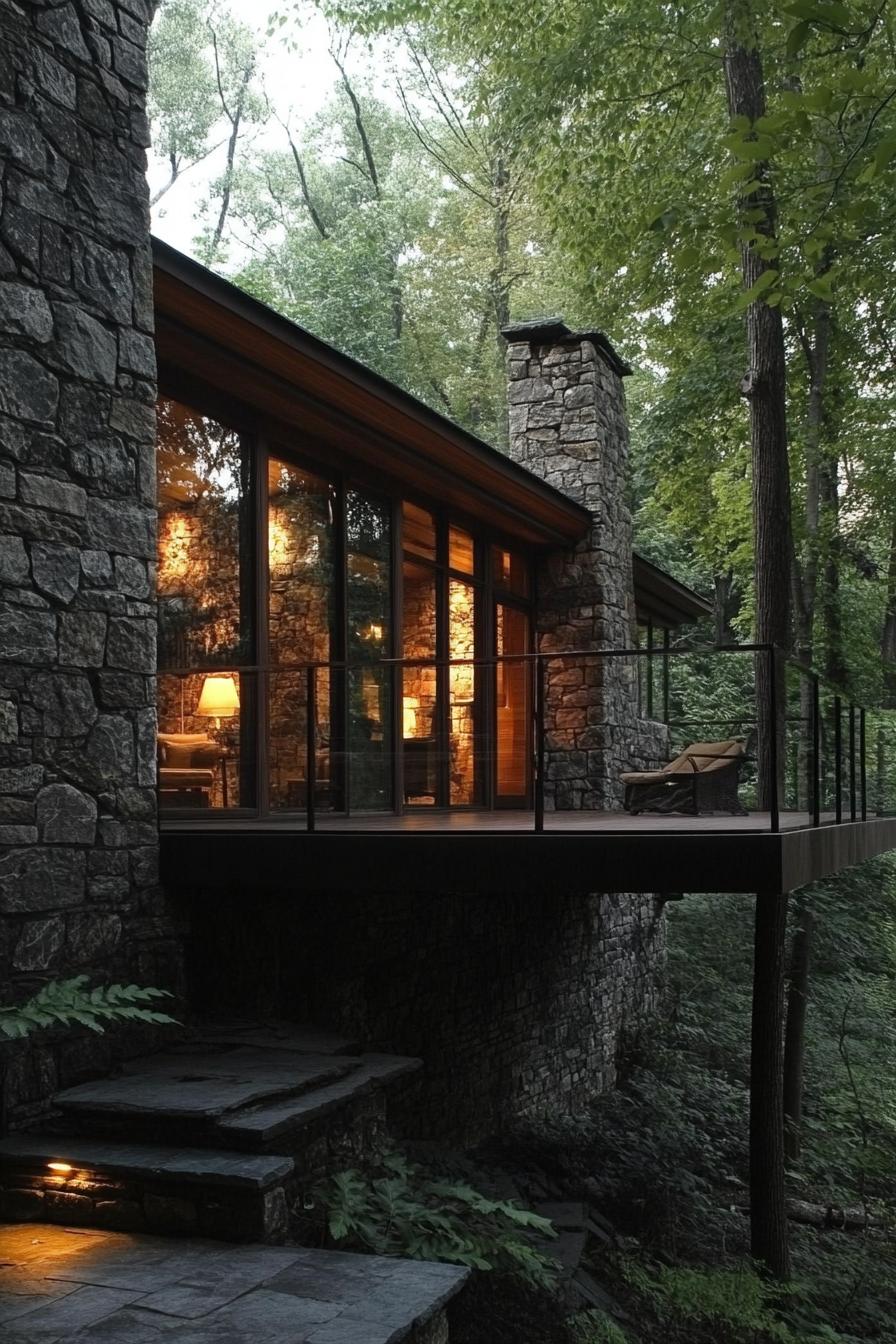 modern stone and timber house in the woods with lush forest views 3