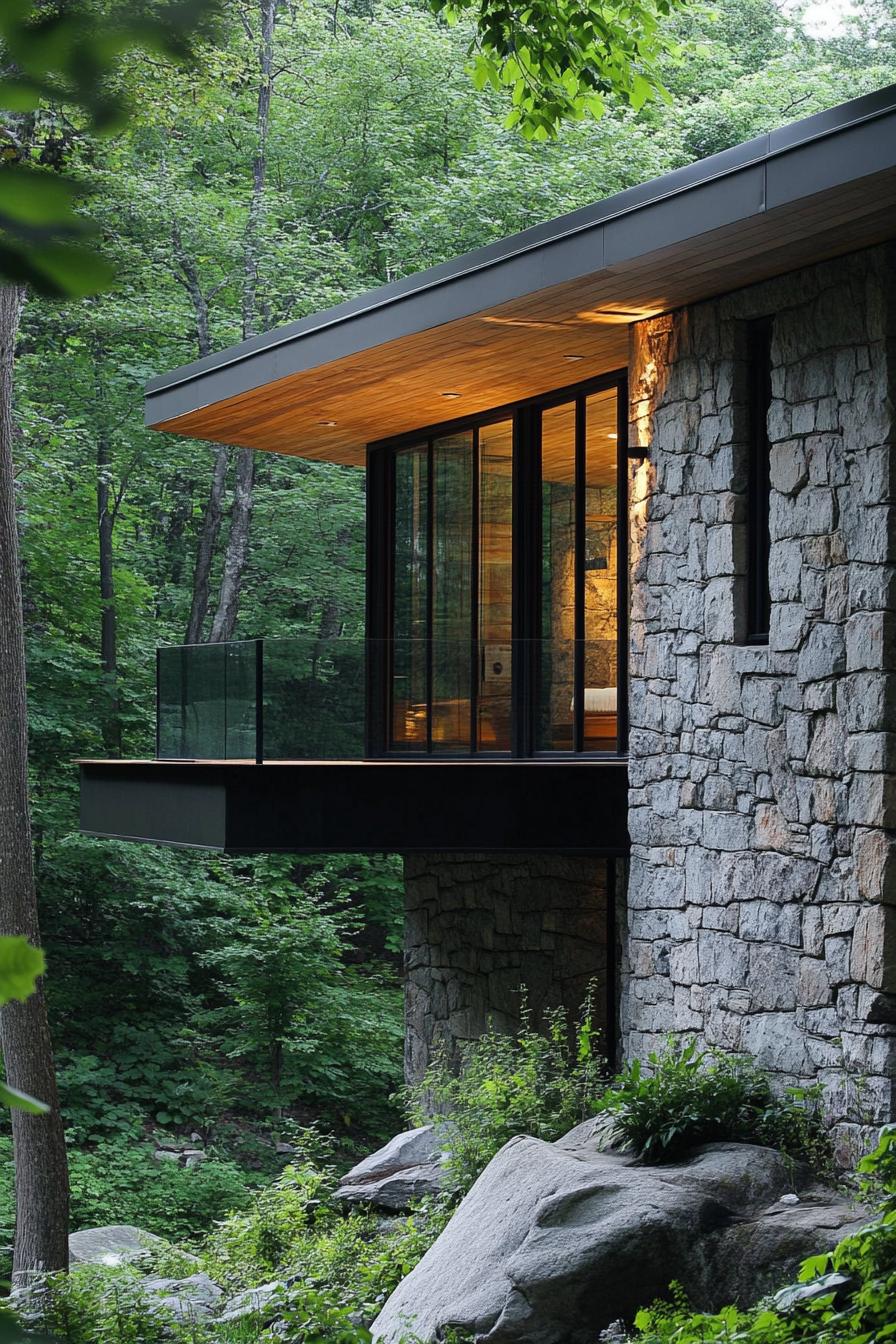 modern stone and timber house in the woods with lush forest views