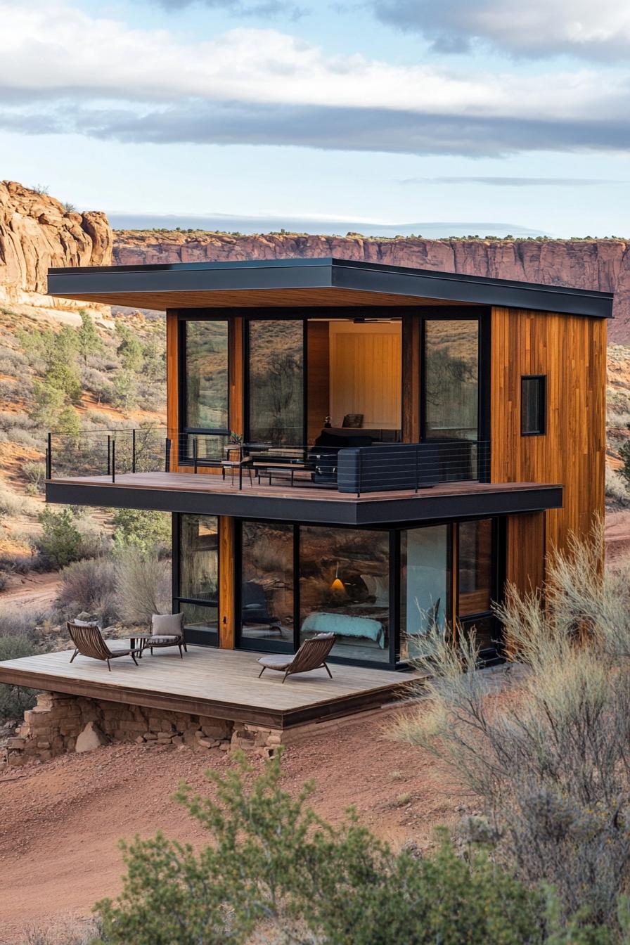 modern timber cabin house two level loft with rooftop deck in an arid picturesque landscape 1