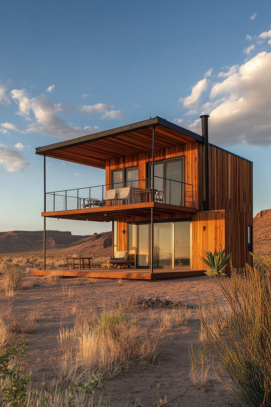 modern timber cabin house two level loft with rooftop deck in an arid picturesque landscape 2