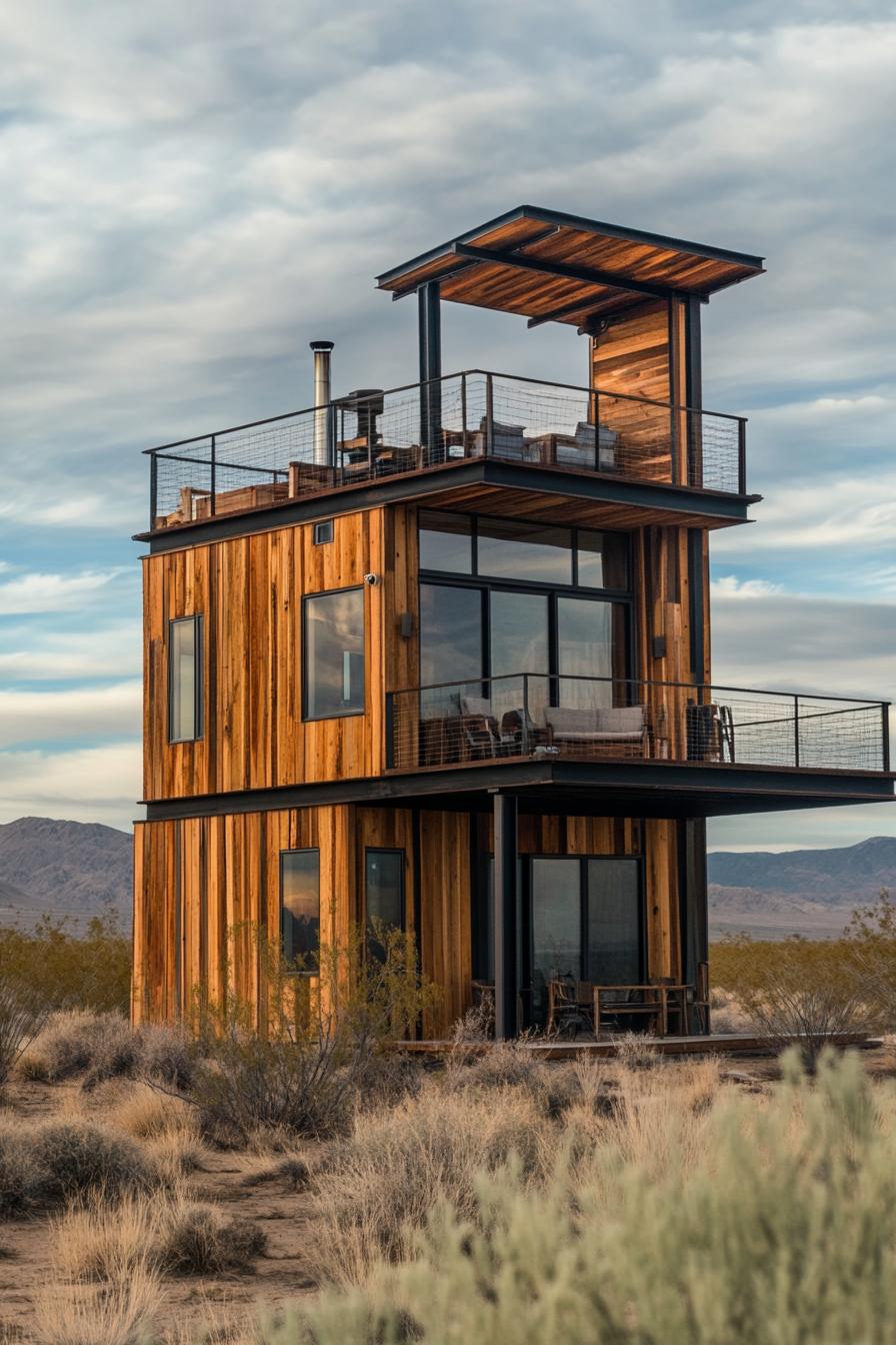 modern timber cabin house two level loft with rooftop deck in an arid picturesque landscape 3