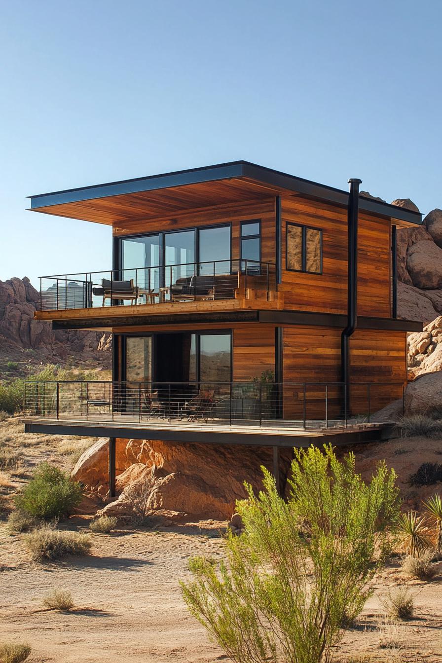 modern timber cabin house two level loft with rooftop deck in an arid picturesque landscape