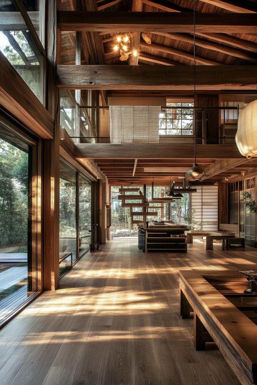 modern unique japanese style zen home with wooden beams and natural wood interior 1