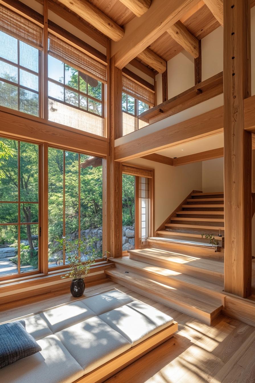 modern unique japanese style zen home with wooden beams and natural wood interior 2