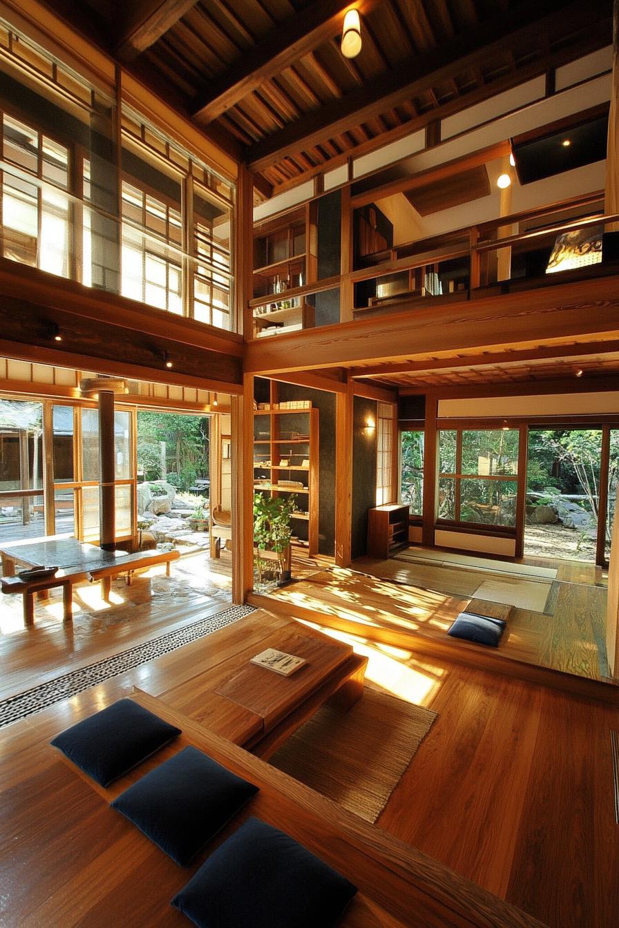 modern unique japanese style zen home with wooden beams and natural wood interior 3