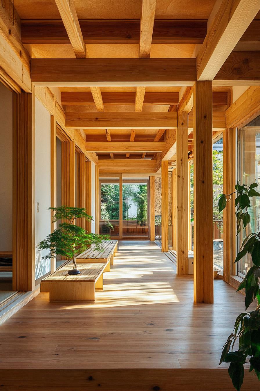 modern unique japanese style zen home with wooden beams and natural wood interior