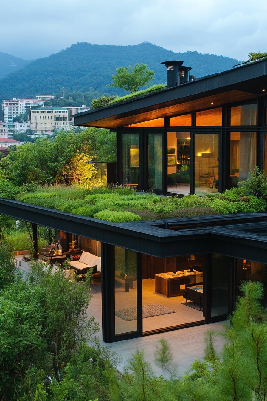 modern urban house with living roof garden in stunning urban landscape