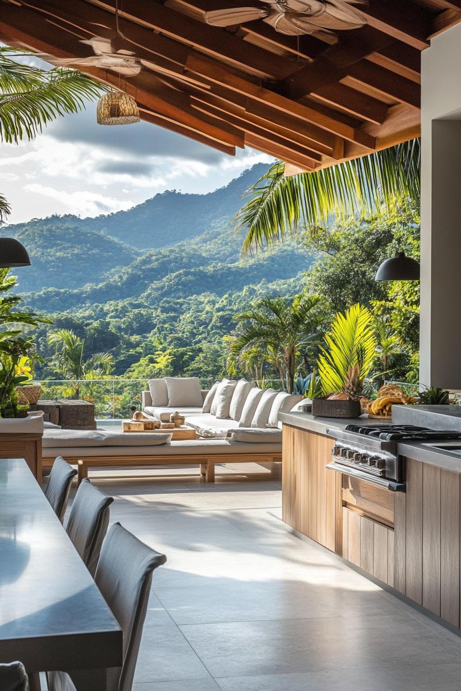 modern villa outdoor kitchen with lounge stunning tropical mountain views