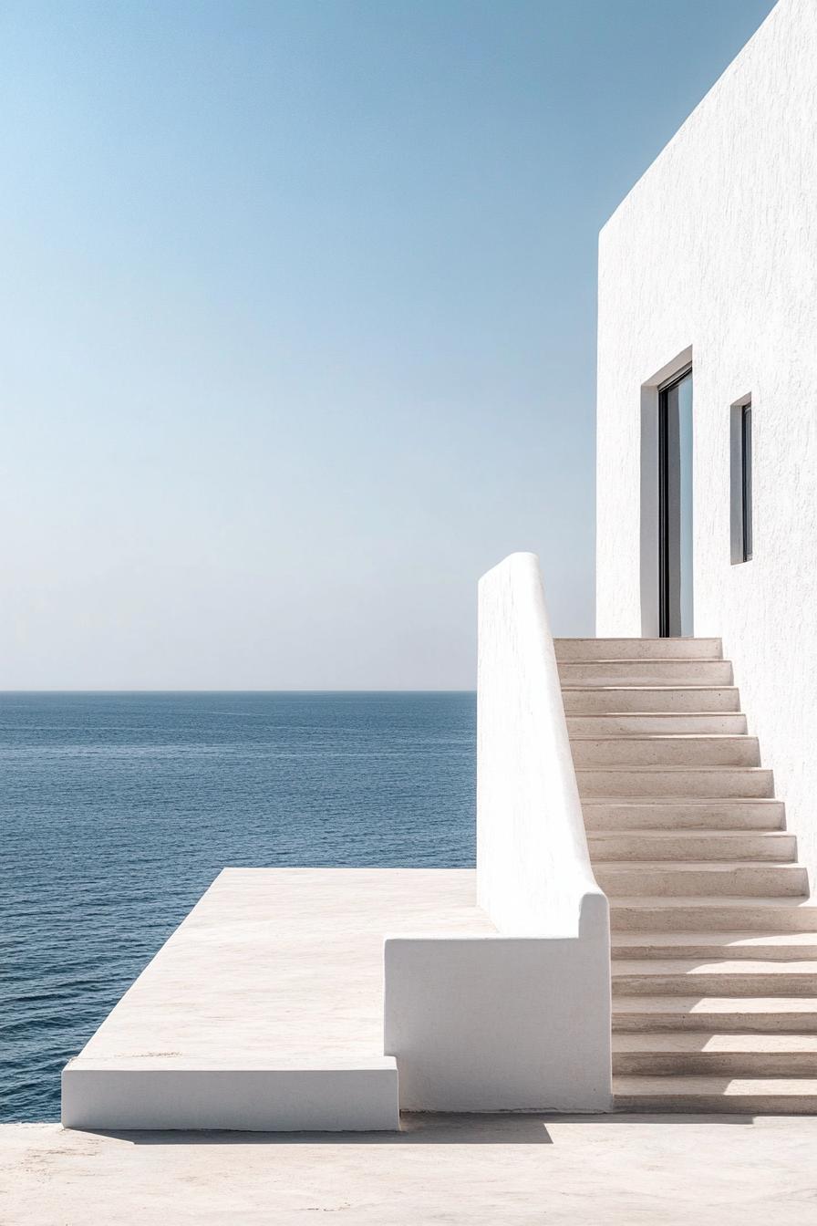 modern whitewashed minimalist geometric house facade mediterranean sea views 1