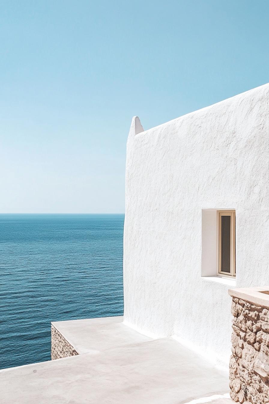 modern whitewashed minimalist geometric house facade mediterranean sea views