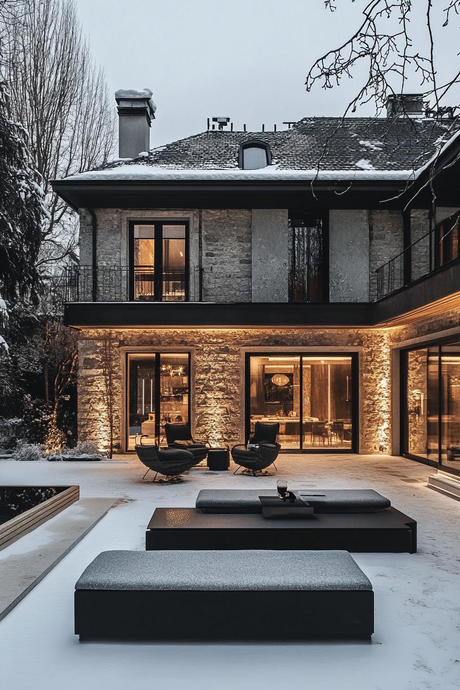 modern winter timber chateau with courtyard