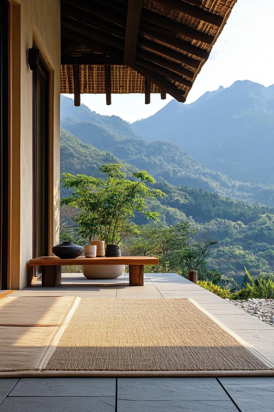 modern zen style home porch with tatami mats and mountain views 1