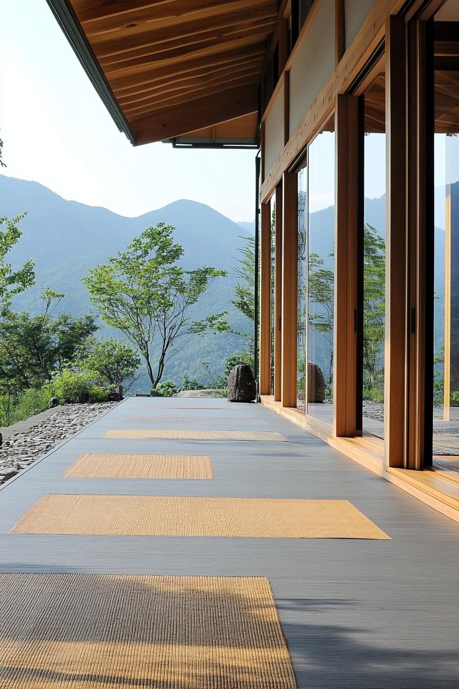 modern zen style home porch with tatami mats and mountain views 2