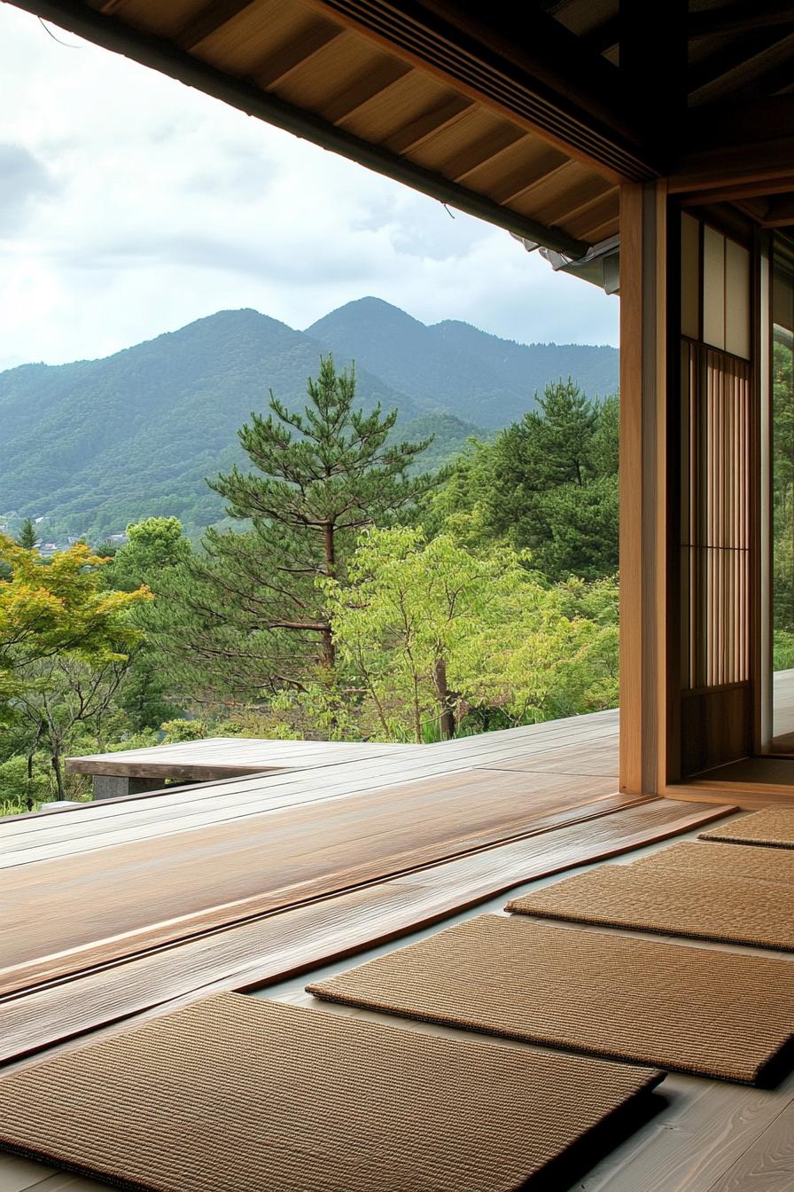 modern zen style home porch with tatami mats and mountain views 3