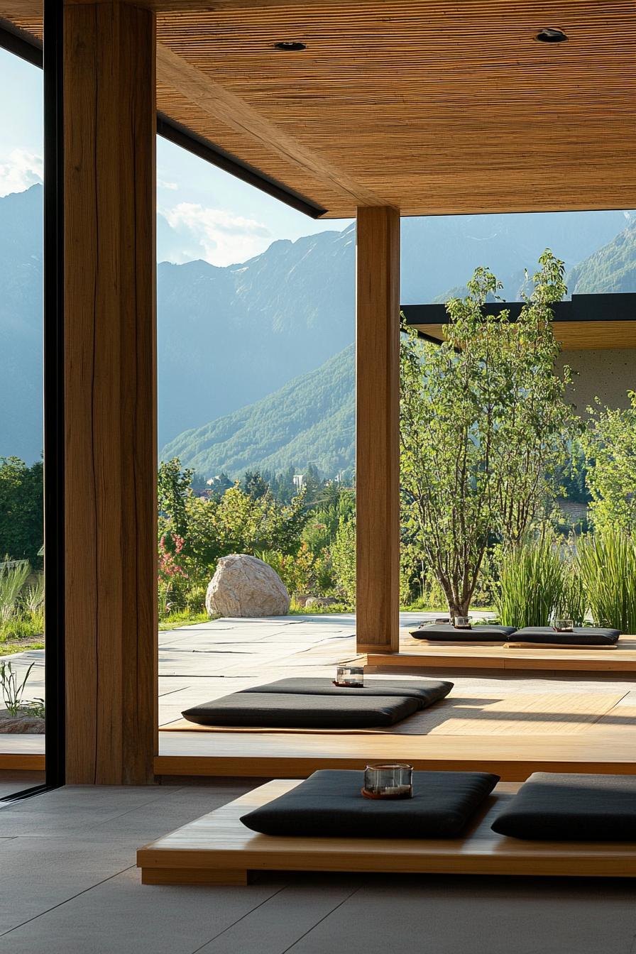 modern zen style home porch with tatami mats and mountain views